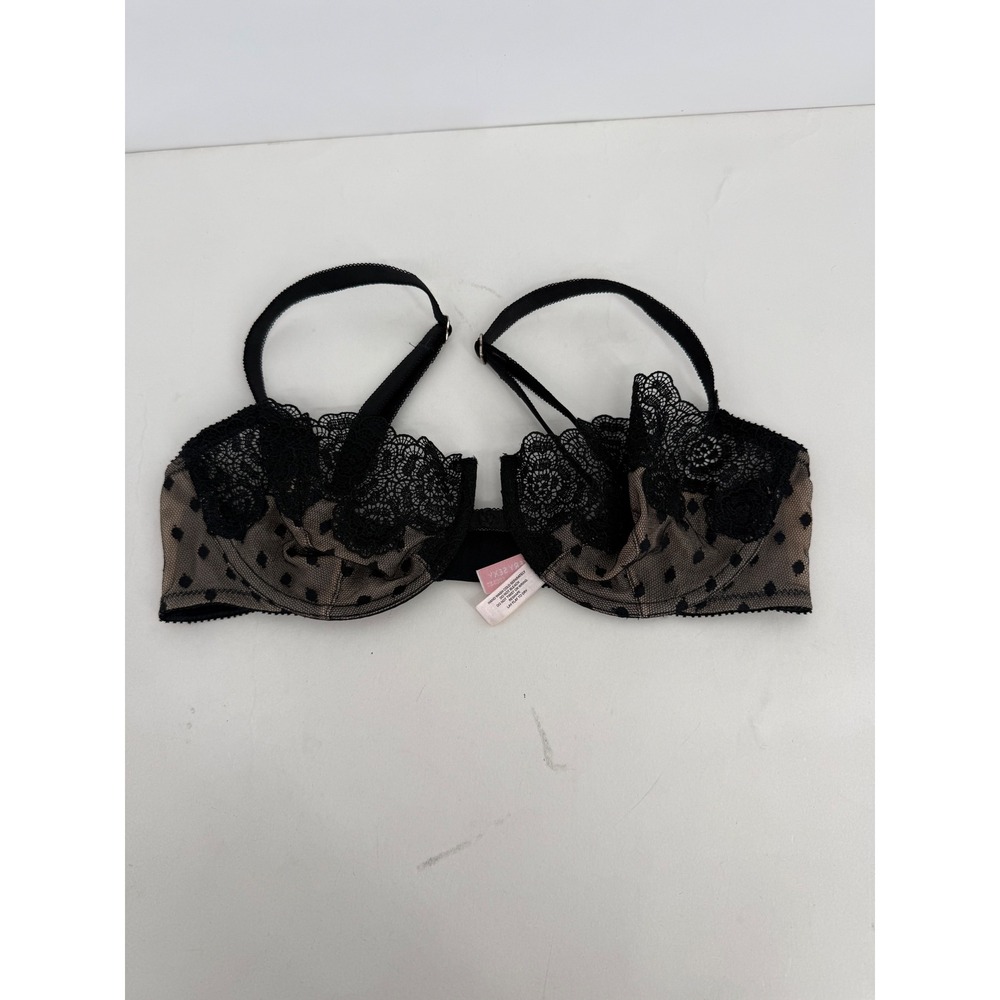 Victorias Secret Very Sexy Balconet Bra Sz 36C Black Tan Lace Spot Mesh